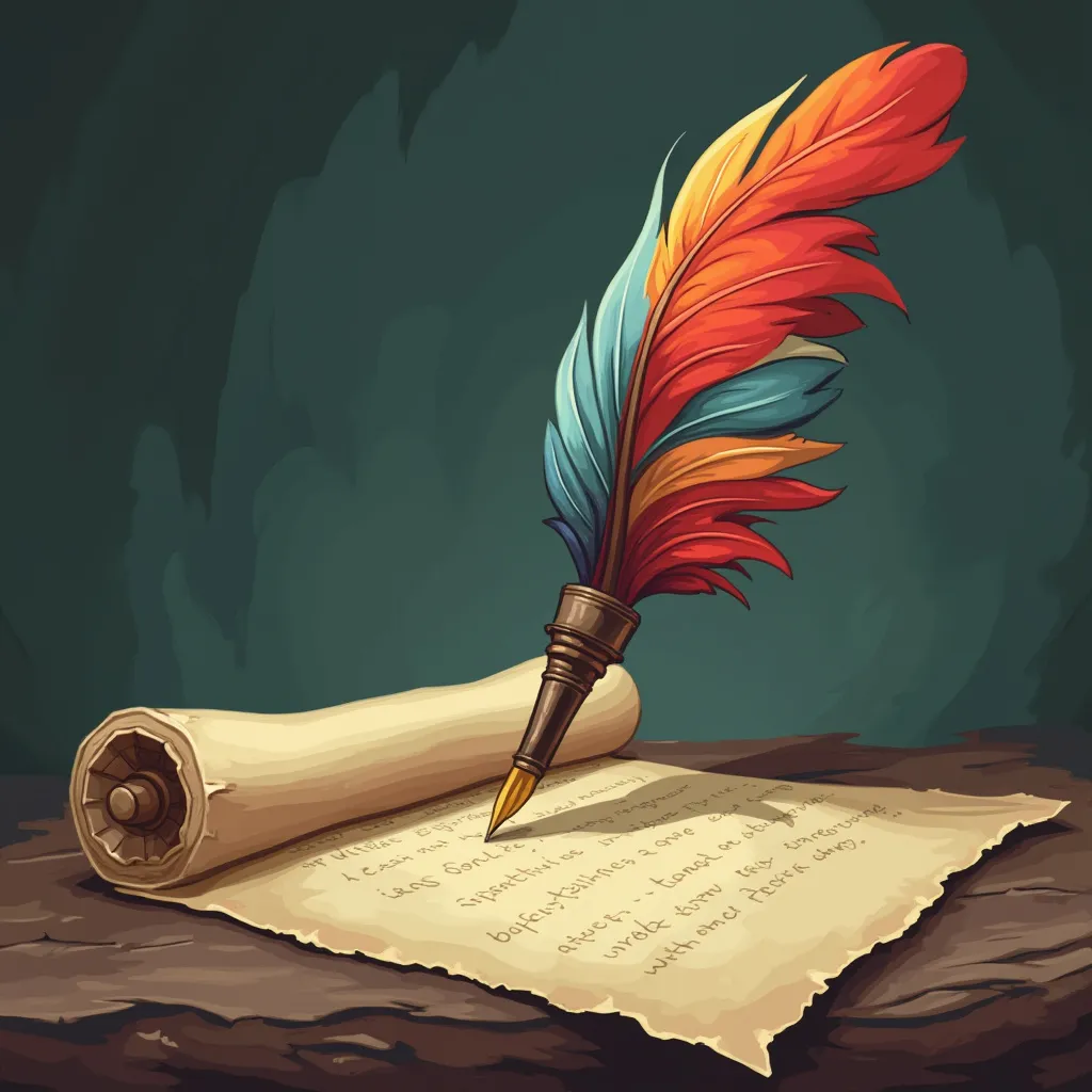 Quill pen writing on a scroll with chicken feather