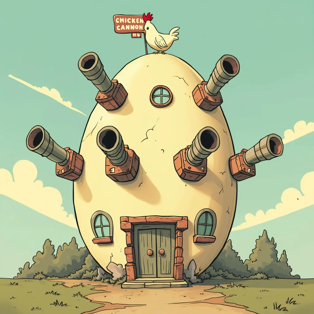 Whimsical Chicken Cannon Headquarters illustration