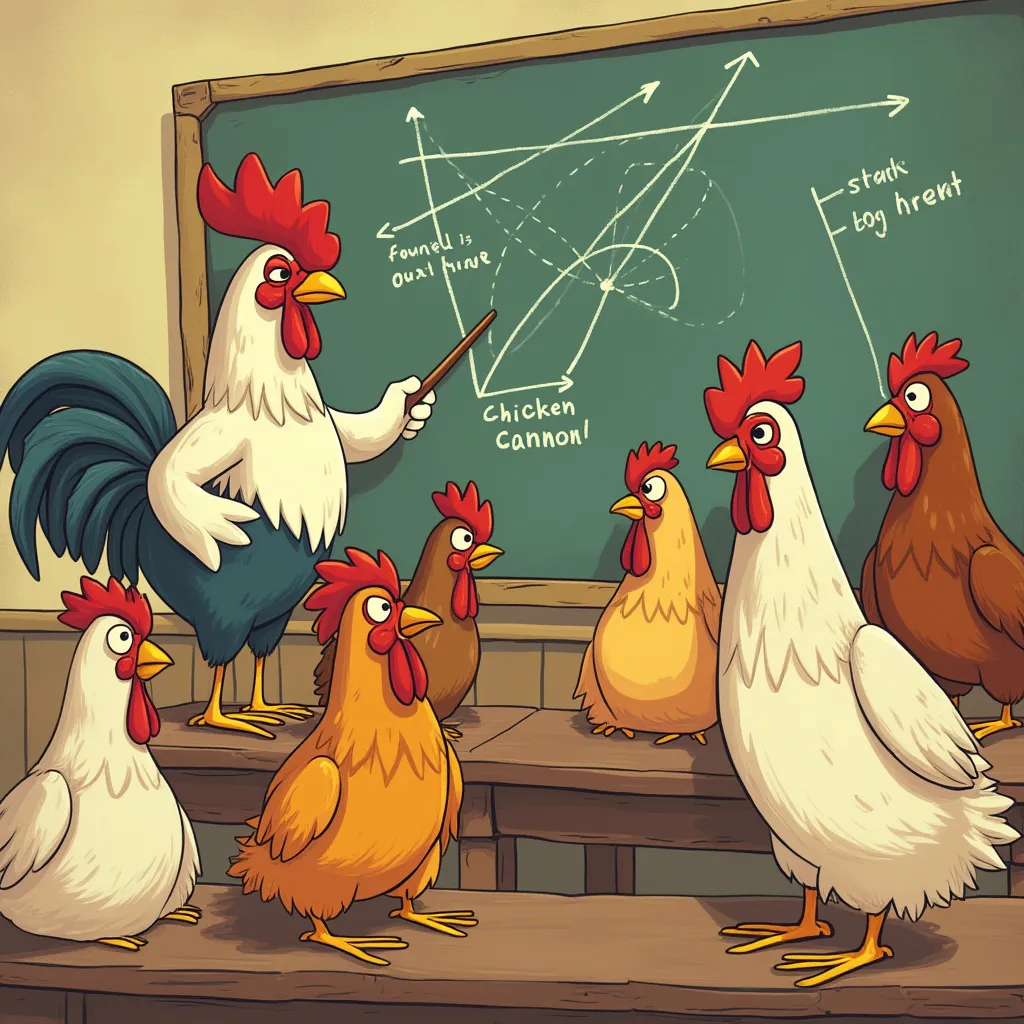 Illustration of chickens in a classroom learning about cannons